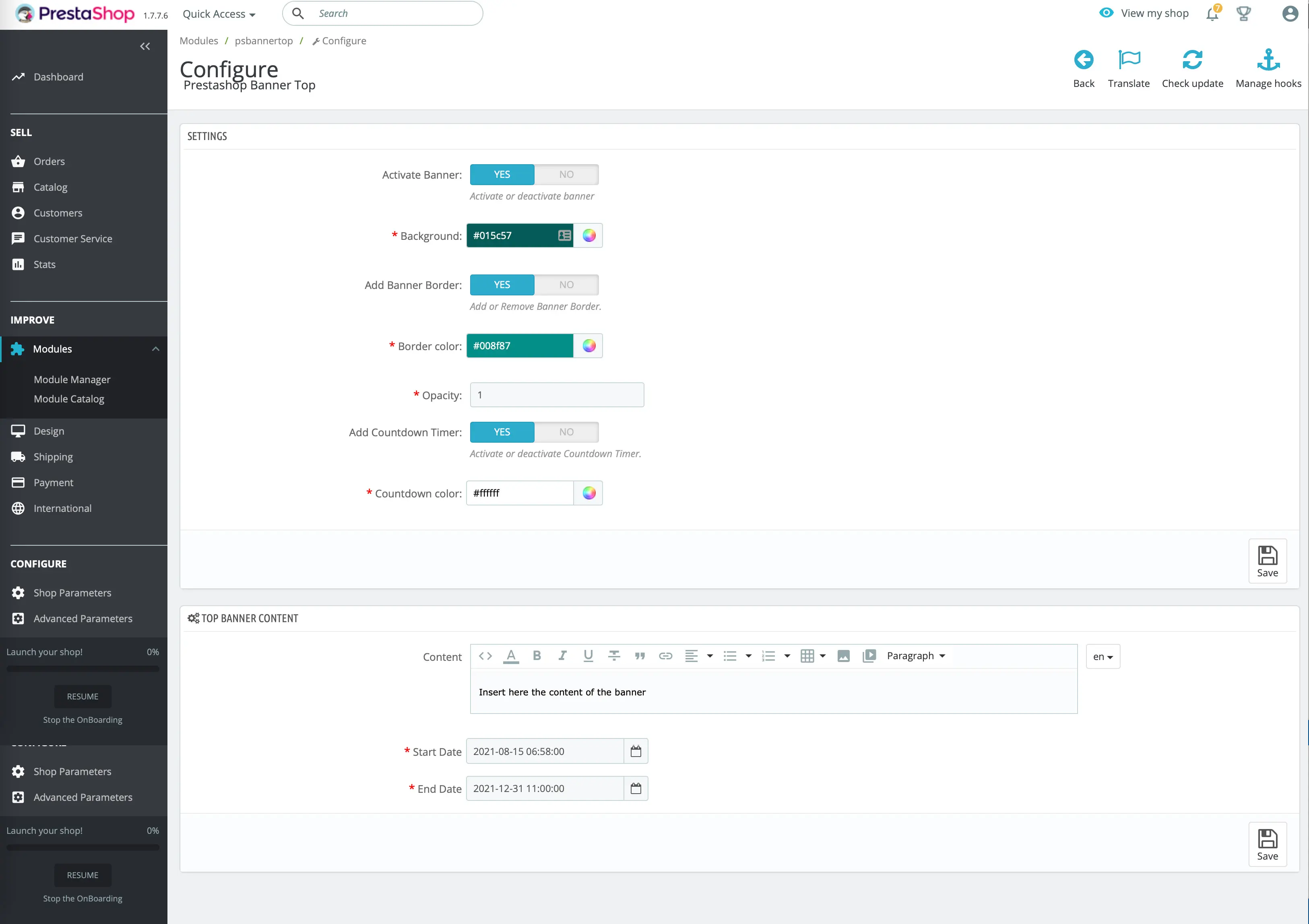Prestashop Banner Top Module Admin Back End